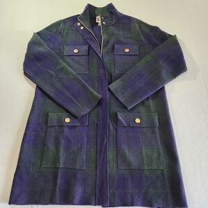 Anne Klein Navy & Green Plaid Trench Jacket With Zip Size Medium